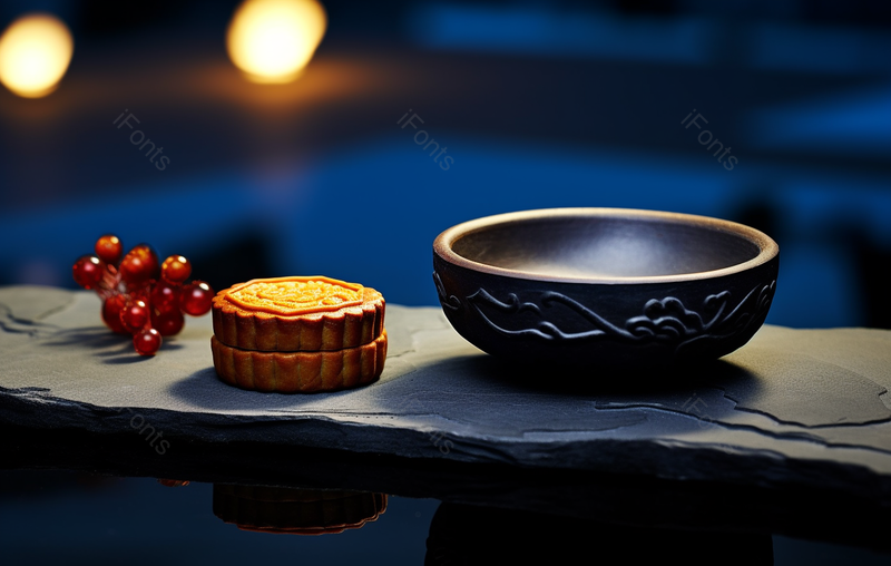 蓝色夜景圆碗月饼琉璃拍摄,高清,摄影图,摄影图片,图片大全,摄影图免费下载